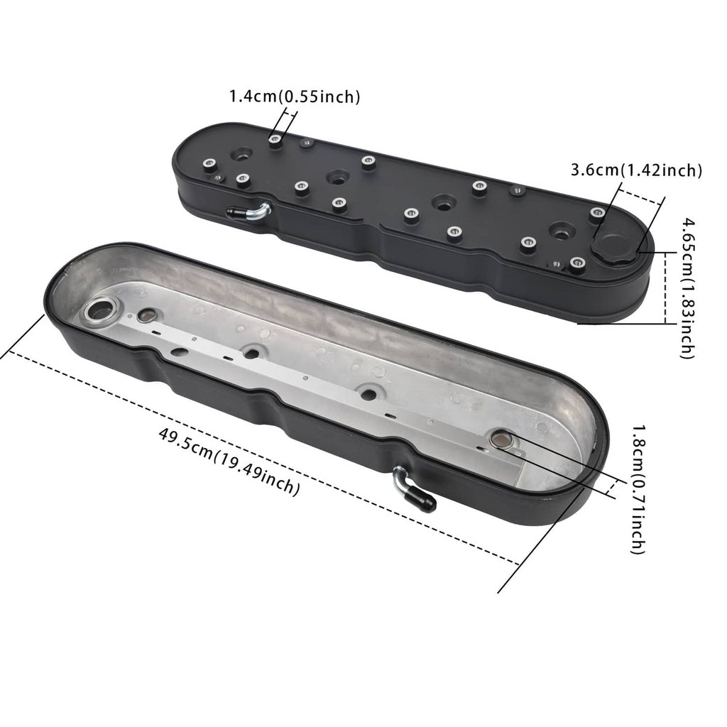 Black coil-mount valve cover with dimensions shown for length and height