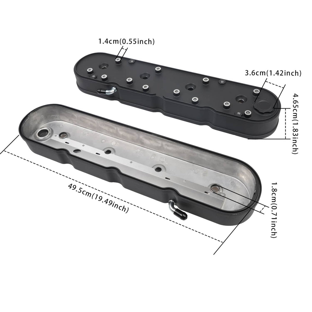 Black coil-mount valve cover with dimensions shown for length and height