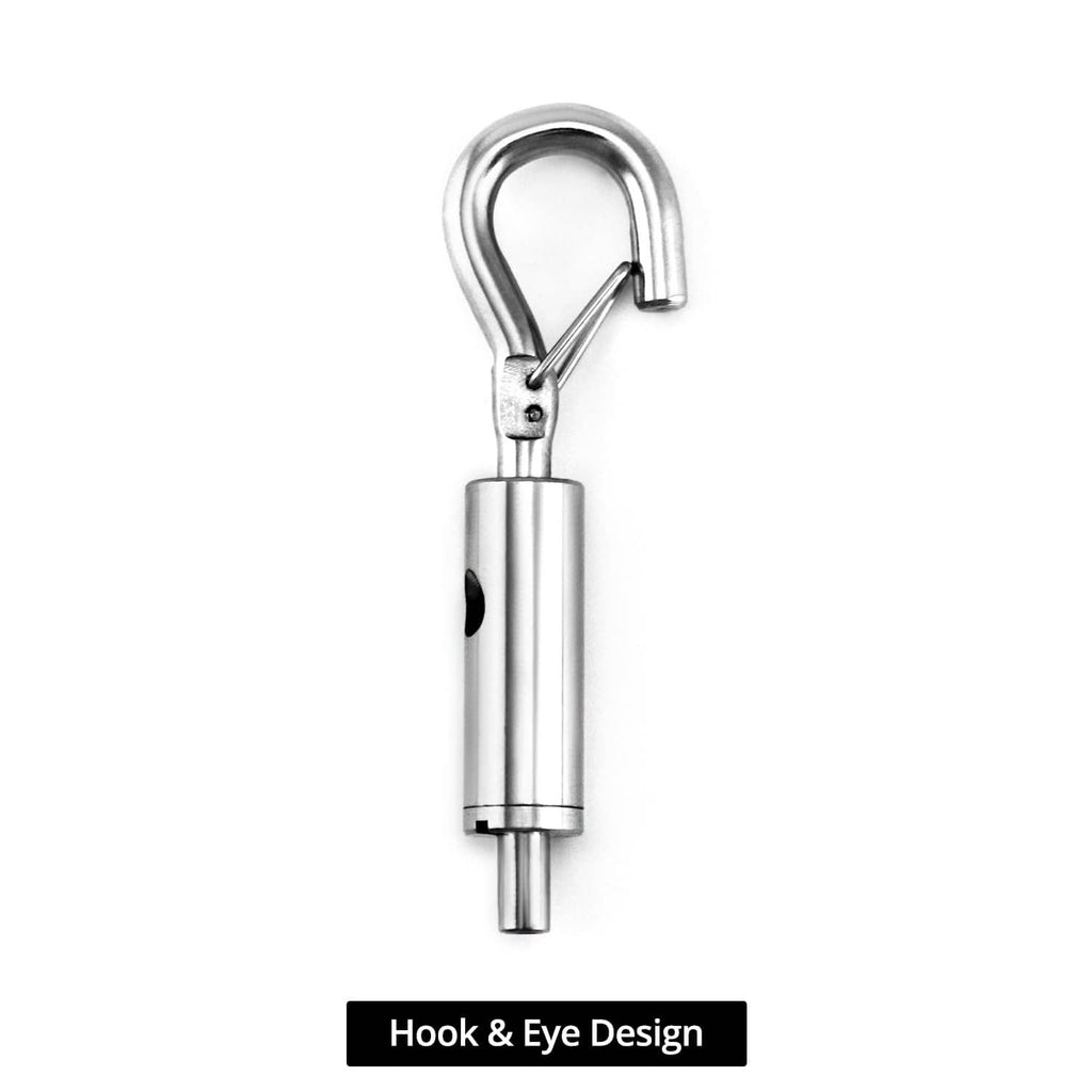 Steel hook-and-eye wire rope hanger, single piece with curved eye and stem.
