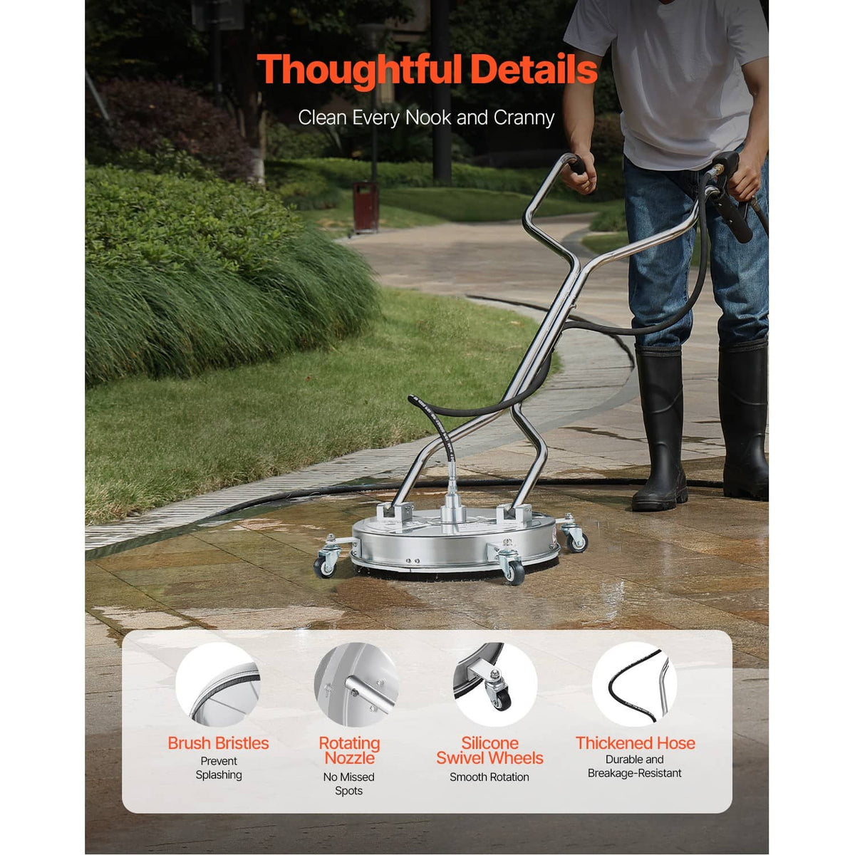 18 in pressure washer surface cleaner, silver disc with 4 wheels and dual side handles