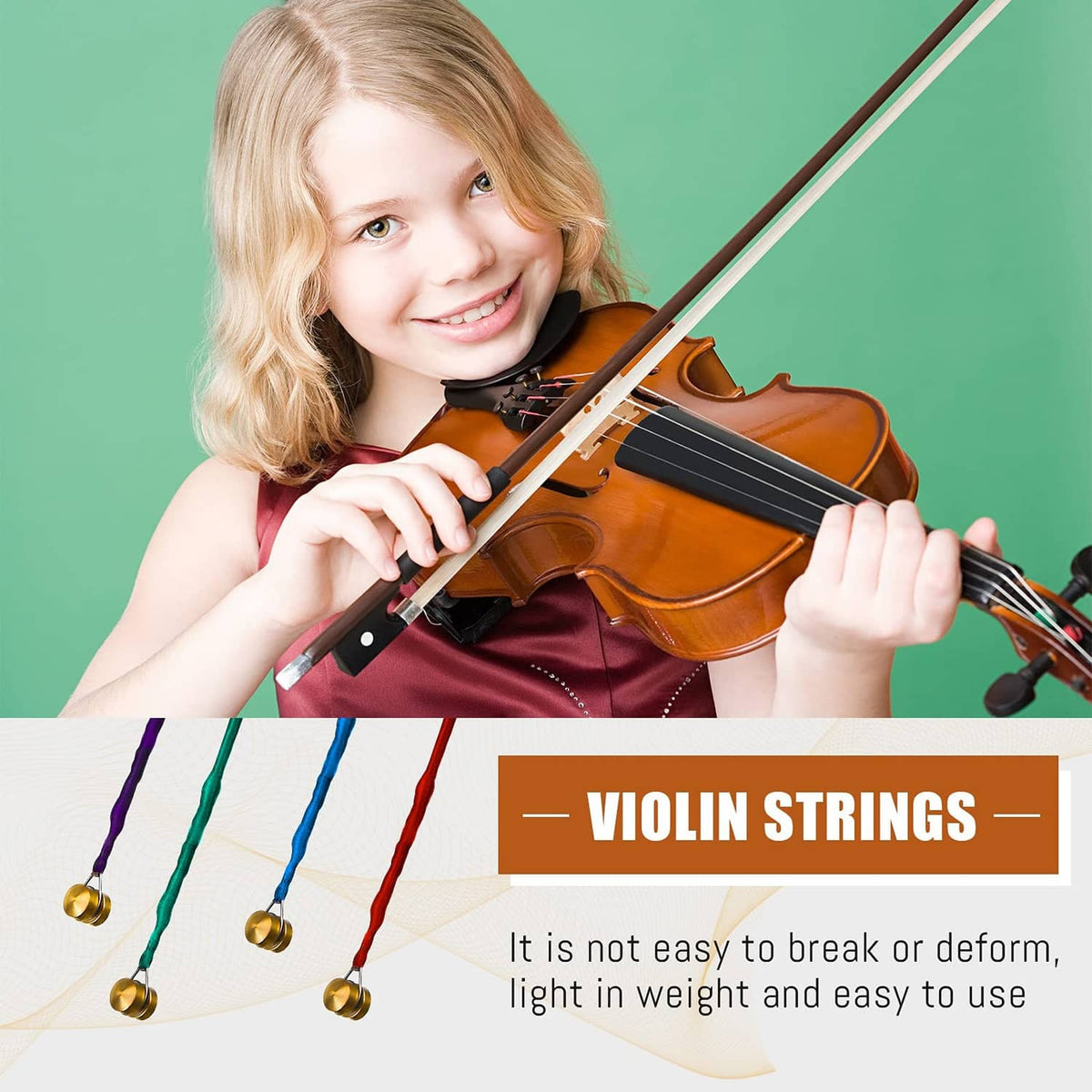 Violin strings set with gold end caps and colored lengths beside a violin and player
