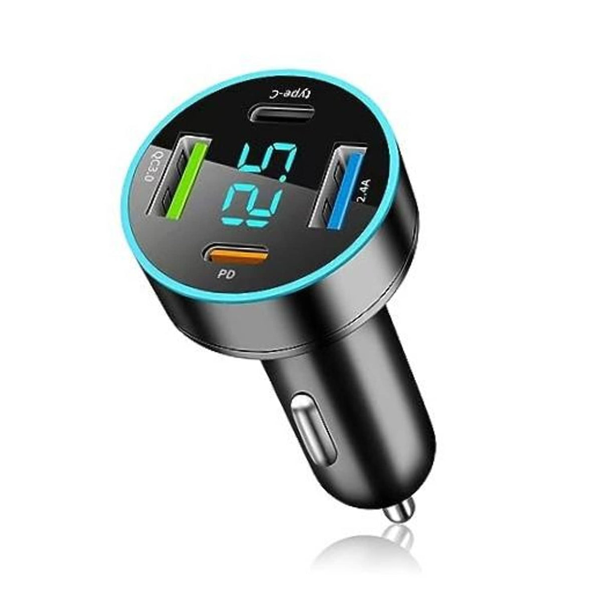 4-port fast car charger with blue LED voltmeter display and multi-USB ports, black casing