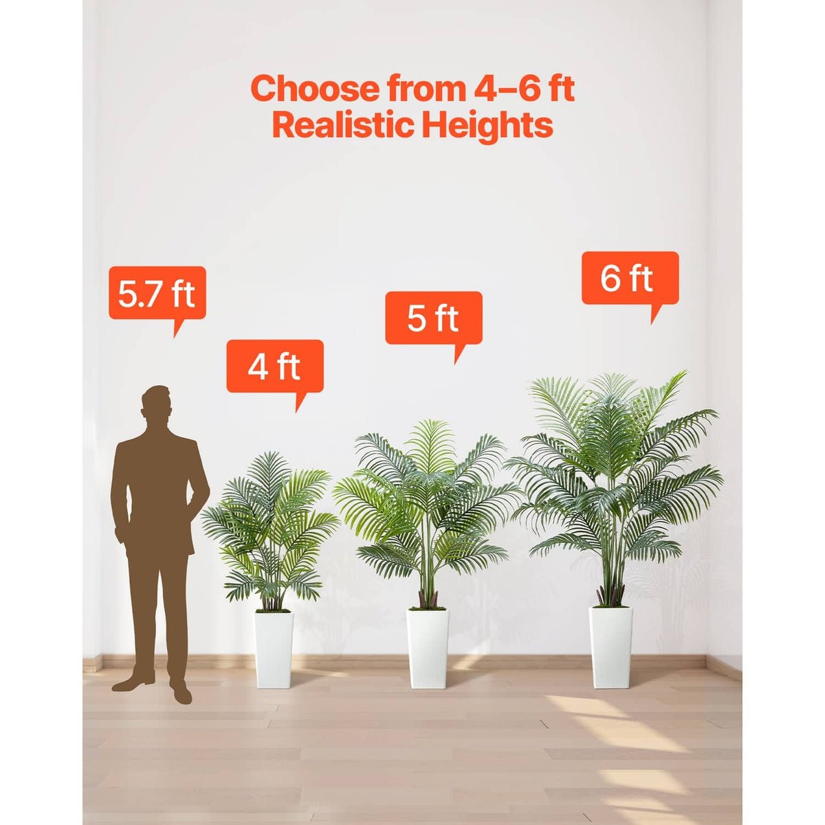 Set of 3 artificial palm trees in white pots with green fronds, different heights