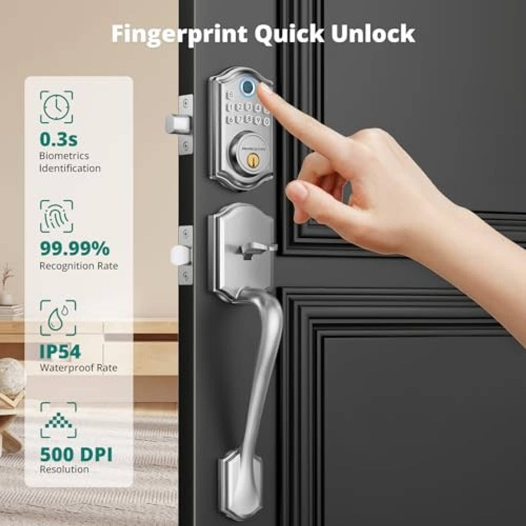Fingerprint keypad door lock with satin nickel lever handle, touched to unlock