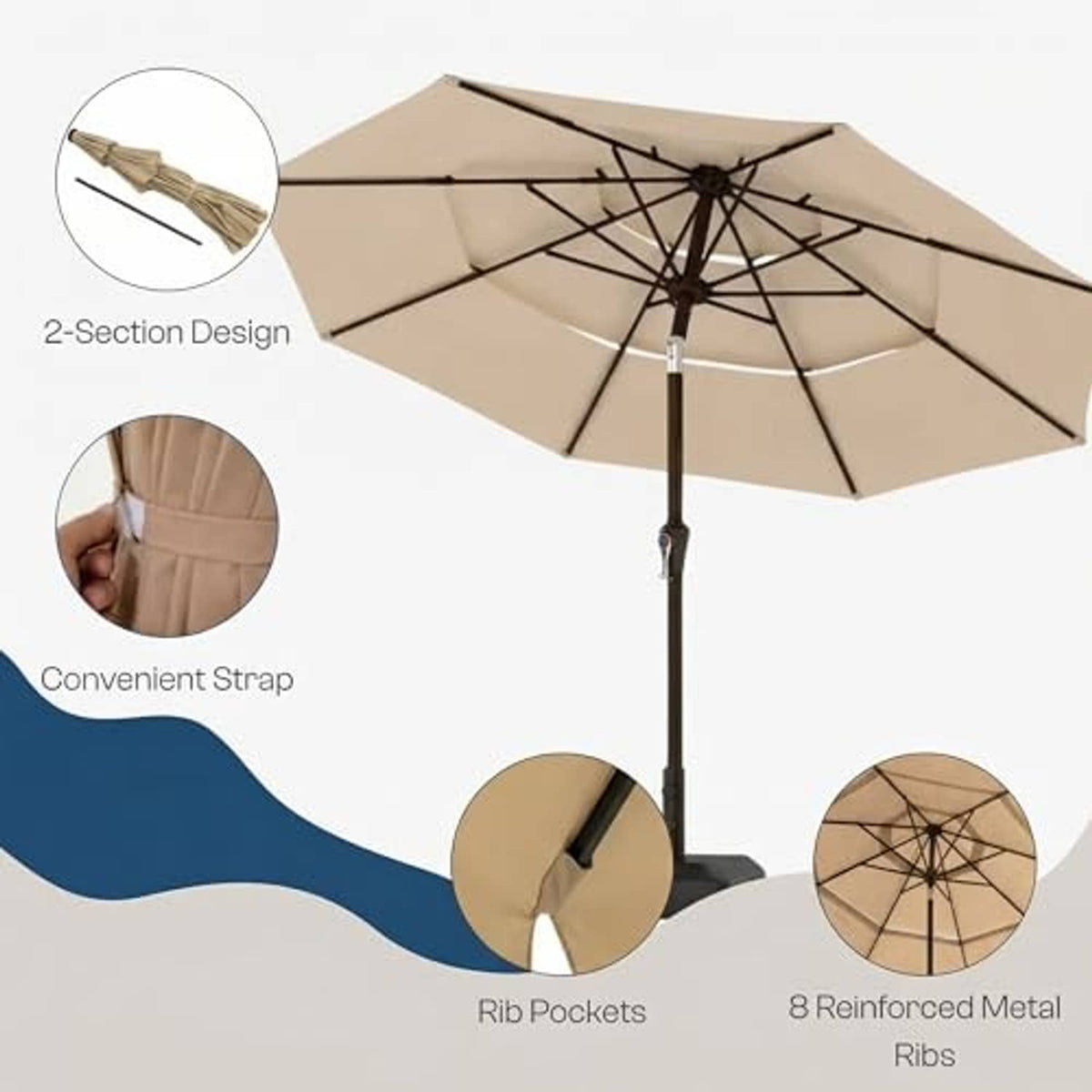 Beige 3-tier umbrella detail view with reinforced metal ribs and strap ties