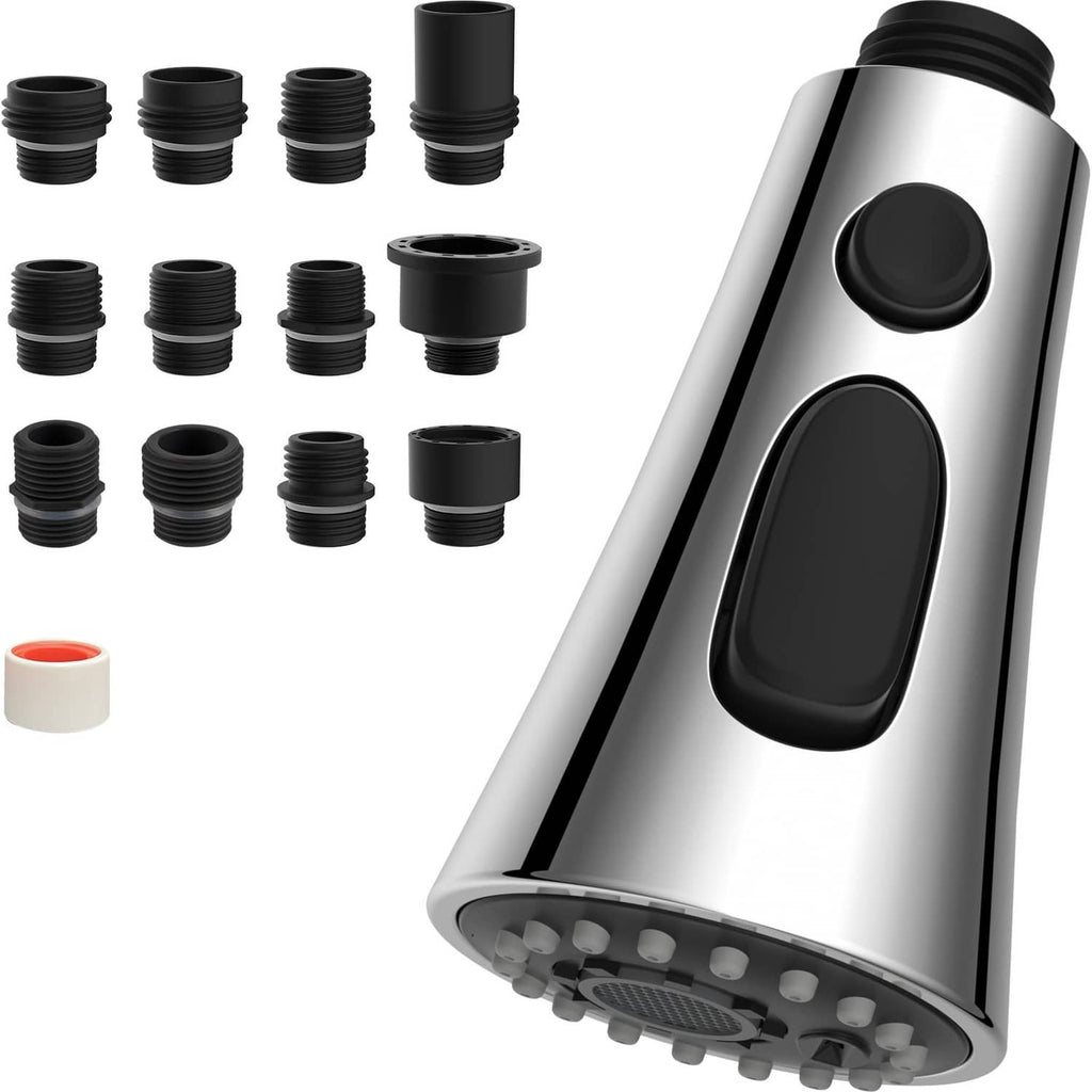 Chrome kitchen faucet sprayer head replacement with black nozzle and adapter fittings