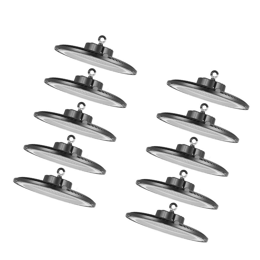 Pack of LED high bay lights with black housings, hanging rings, and round LED lenses