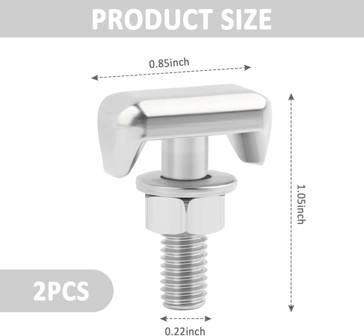 Silver T-bolt battery terminal bolts, 2-piece set with size measurements