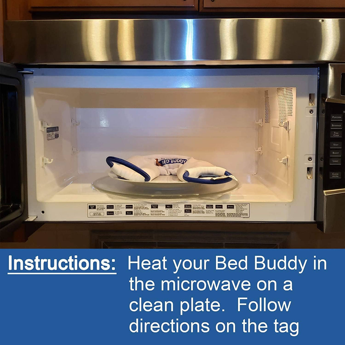 White neck wrap placed in a microwave oven to heat the pack