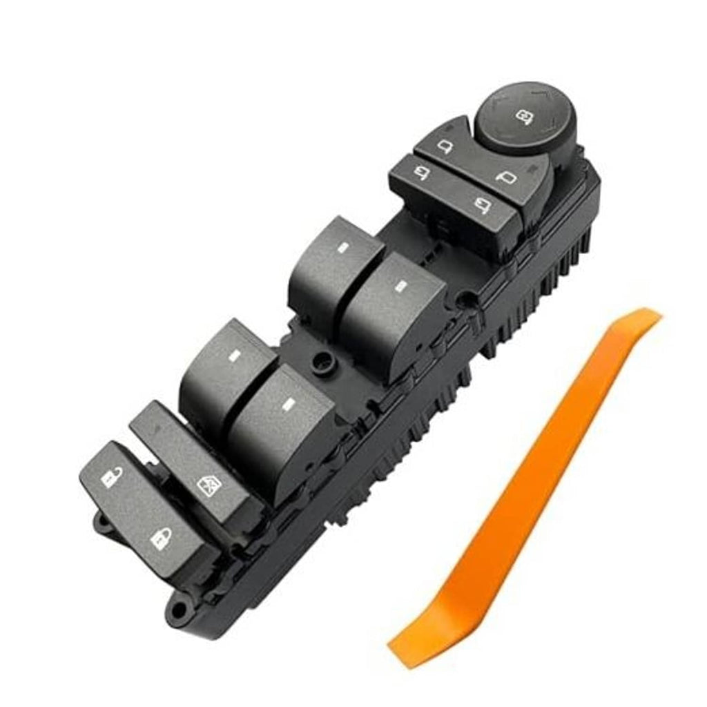 Power window switch panel with black rocker buttons and circular control knob