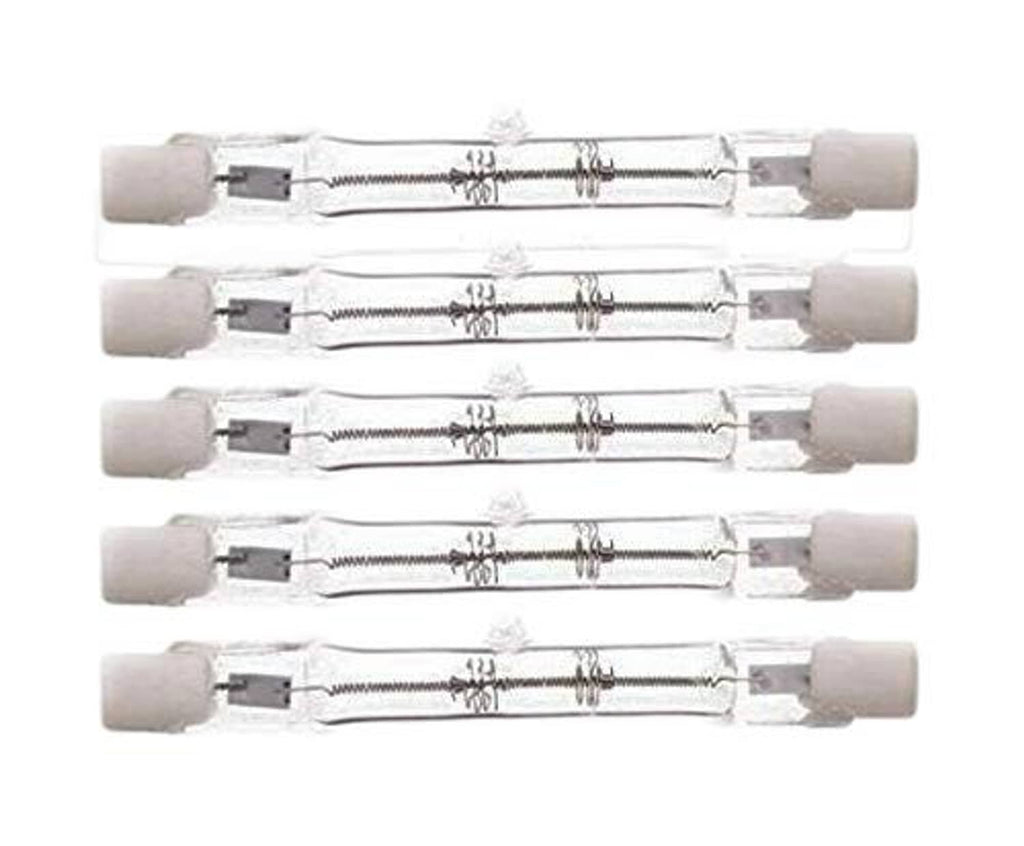 Five-pack T3 halogen bulbs with clear glass tube and two-pin base