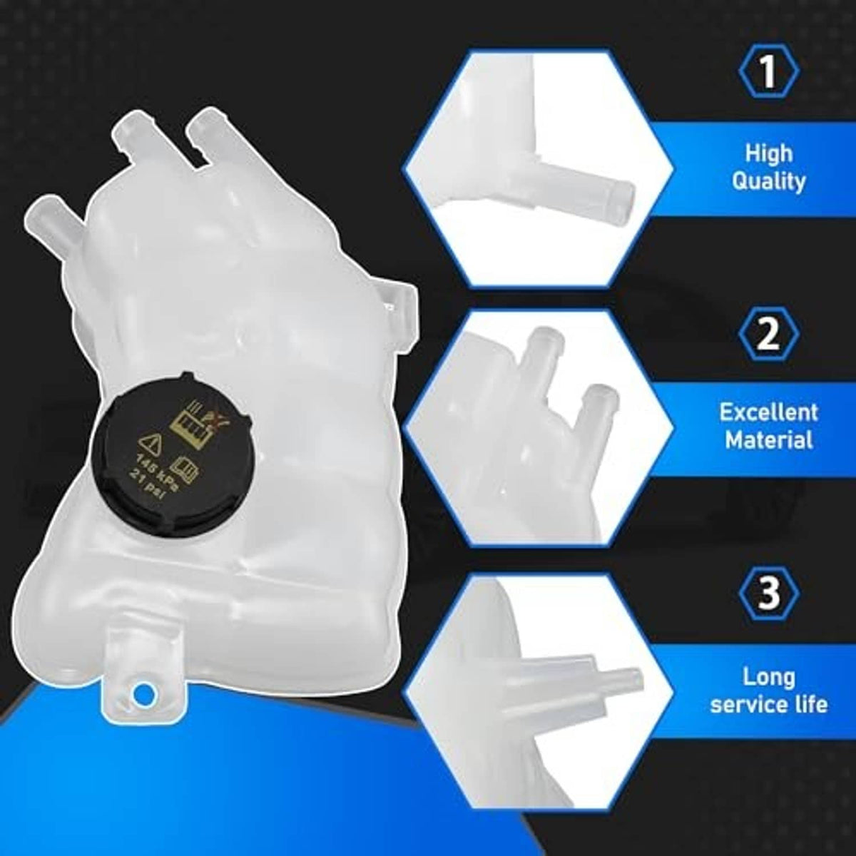 White coolant overflow reservoir tank with black cap, angled close-up