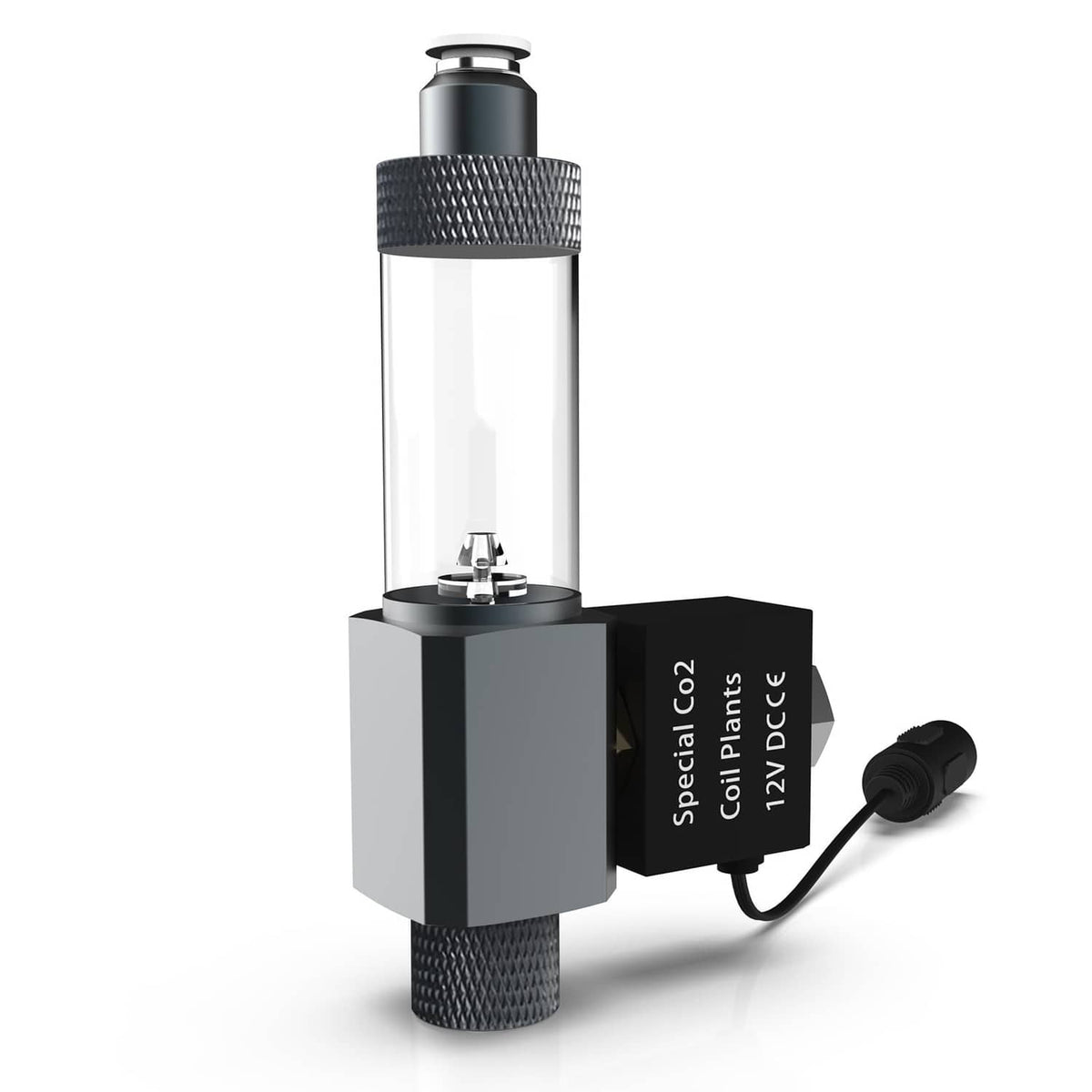 CO2 solenoid valve with adapter, silver cylinder and black CO2 controller module