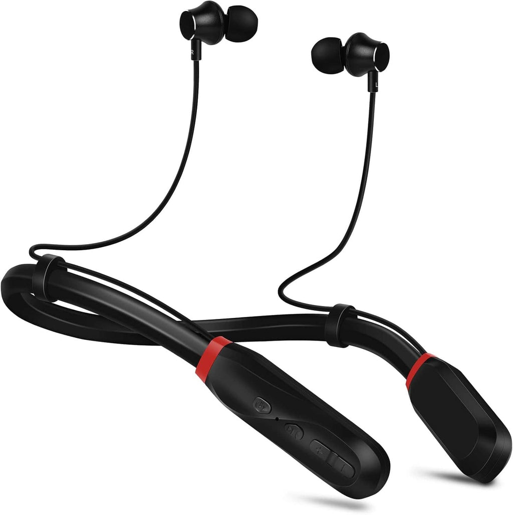 Black neckband Bluetooth wireless stereo headphones with two earbuds and cables
