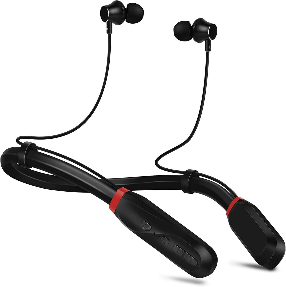 Black neckband Bluetooth wireless stereo headphones with two earbuds and cables