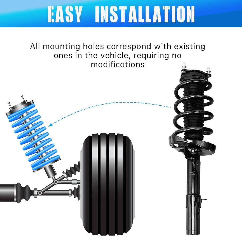 Front shock absorber strut assembly with coil spring and mounting hardware, upright view