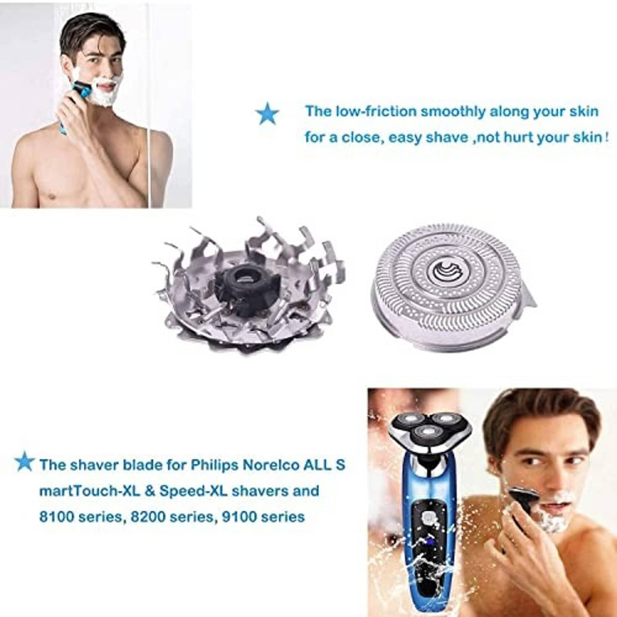 Replacement shaver heads with blade core and shaver use illustration