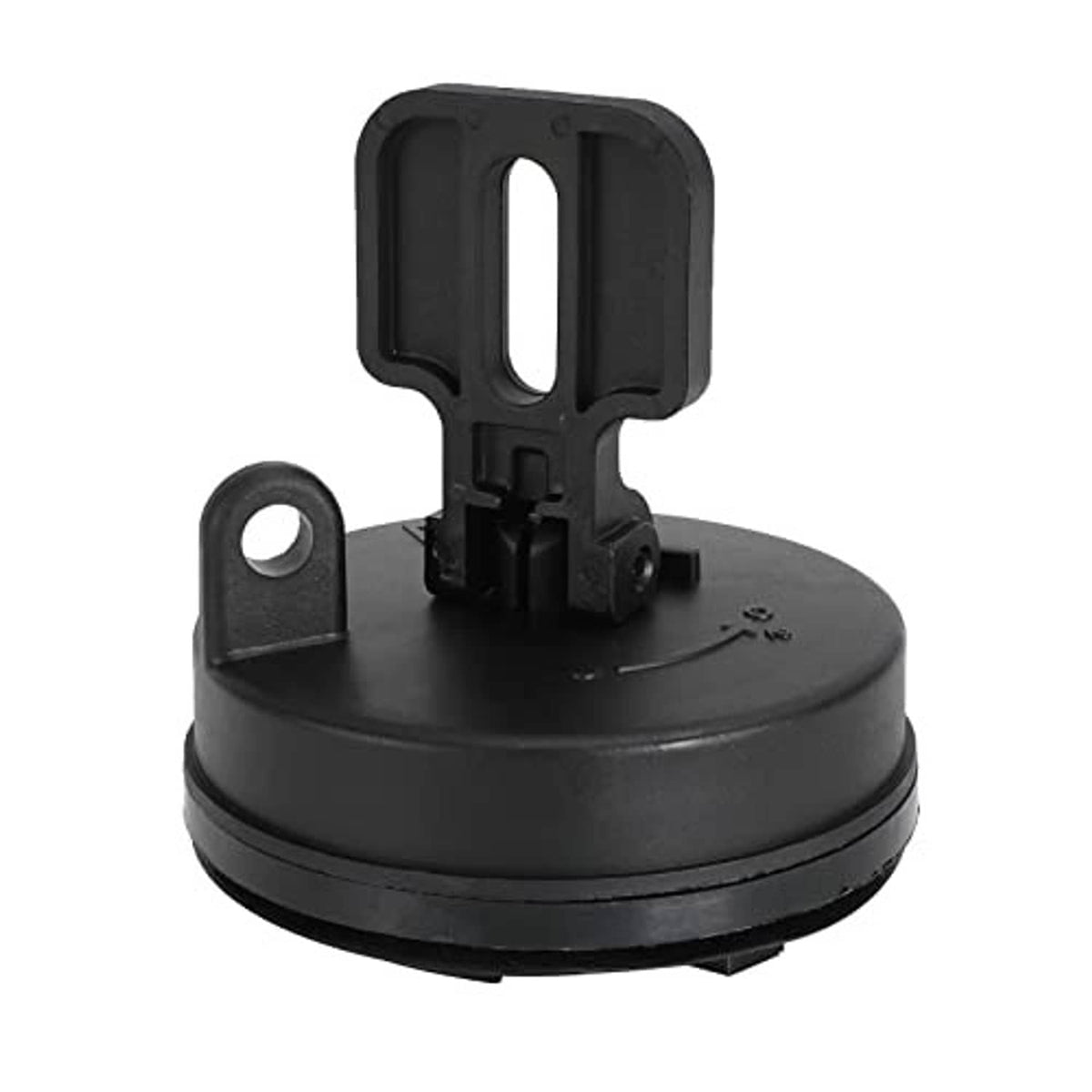 Black plastic diesel fuel tank cap cover with latch handle and bolt mount