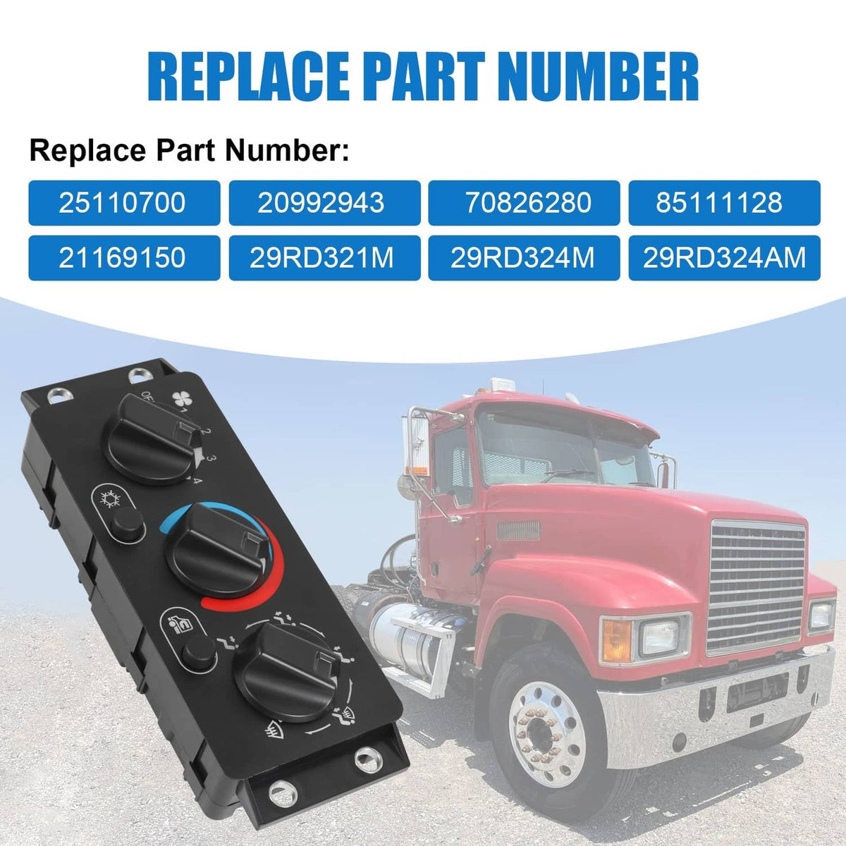 A/C climate control module panel angled view, black face with three knobs and red/blue trim