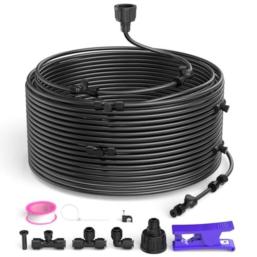 Outdoor misting cooling system coil kit with hose line and connected nozzles