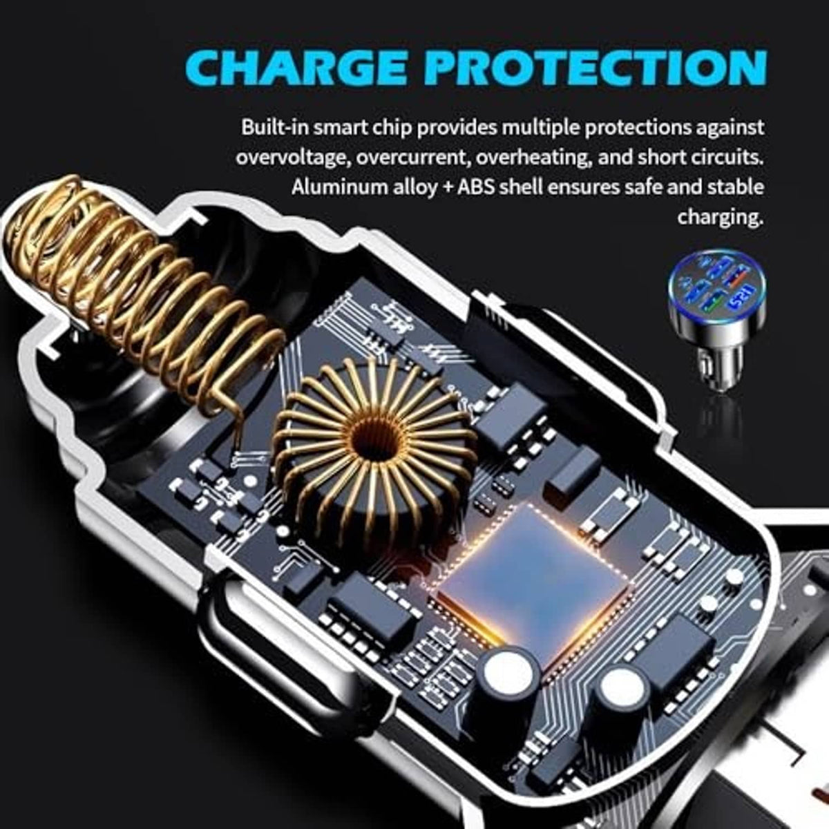 Car charger adapter with exposed internal circuit board and smart chip