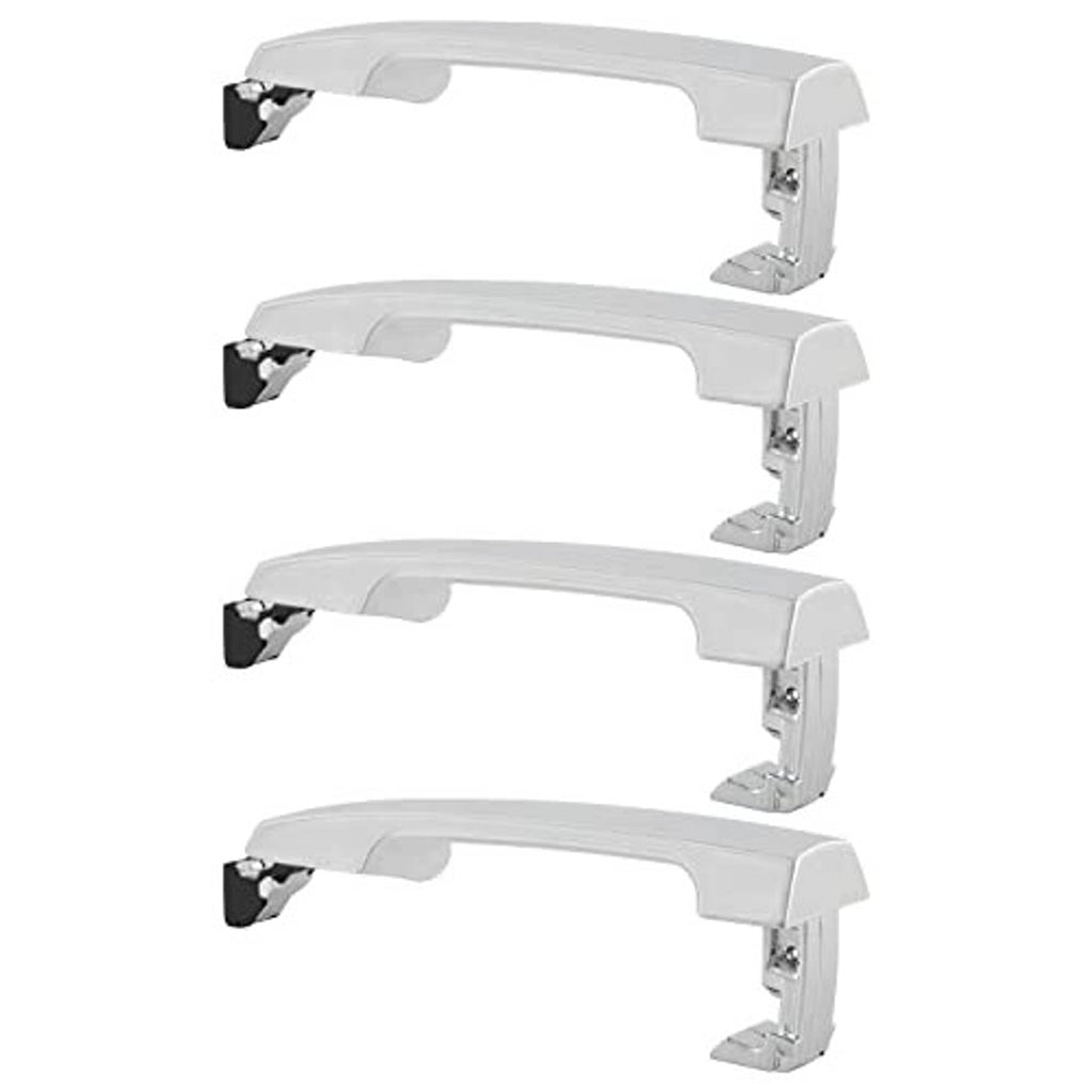 Multiple white exterior door handles shown with metal mounting brackets on the side