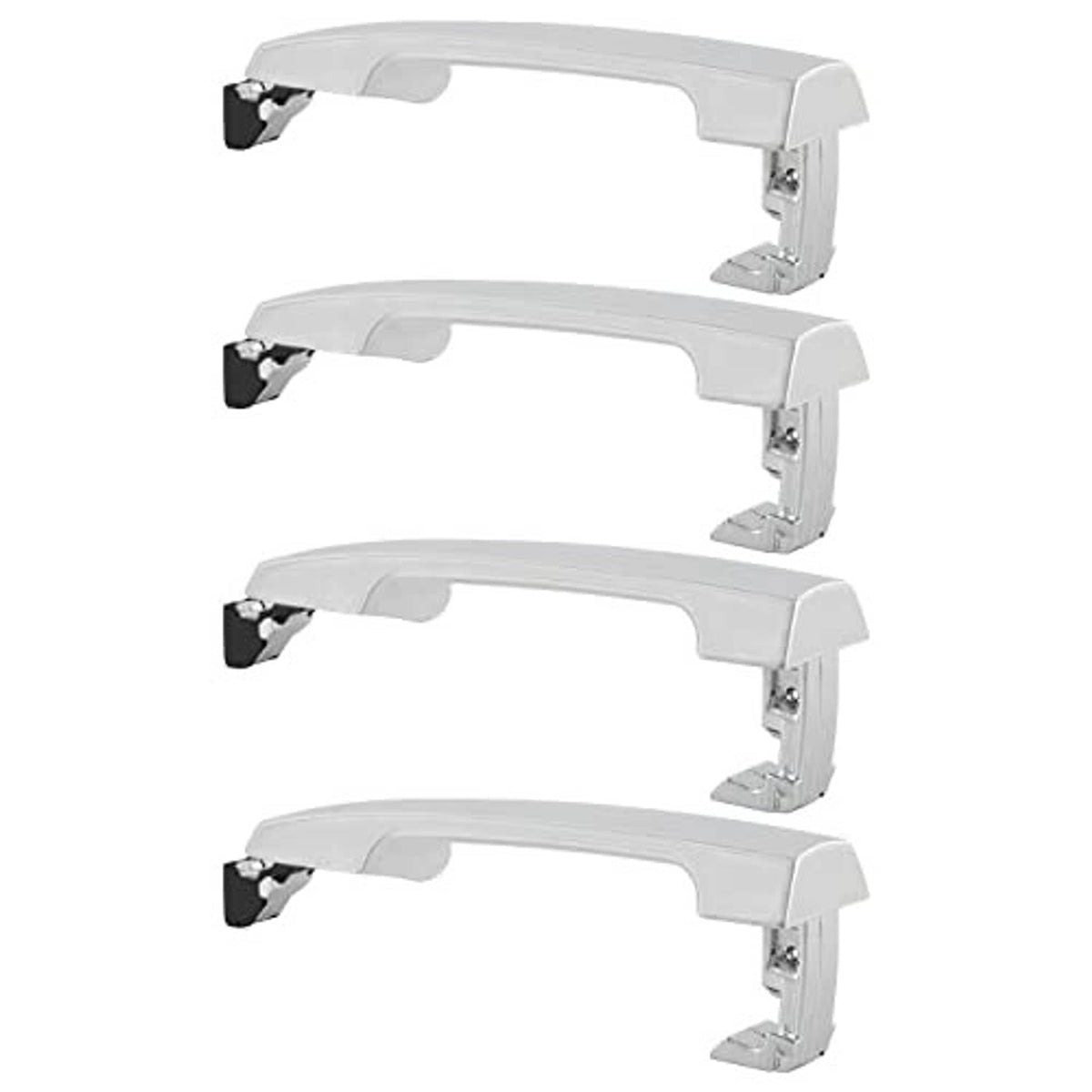 Multiple white exterior door handles shown with metal mounting brackets on the side