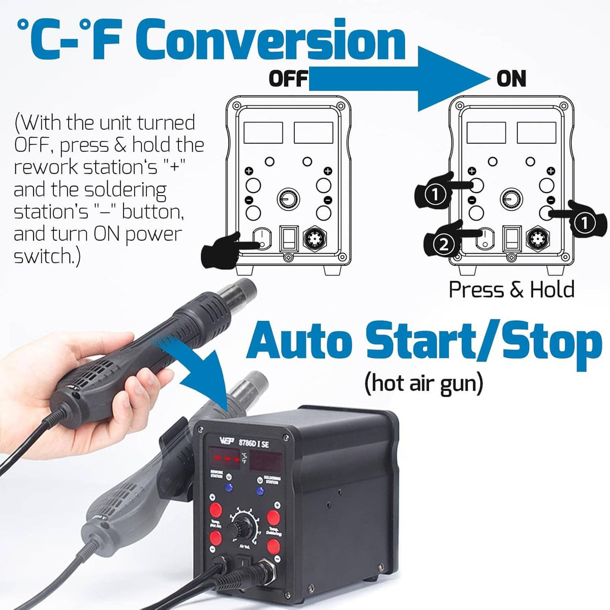 Hot air rework soldering station auto start/stop and C/F conversion diagram