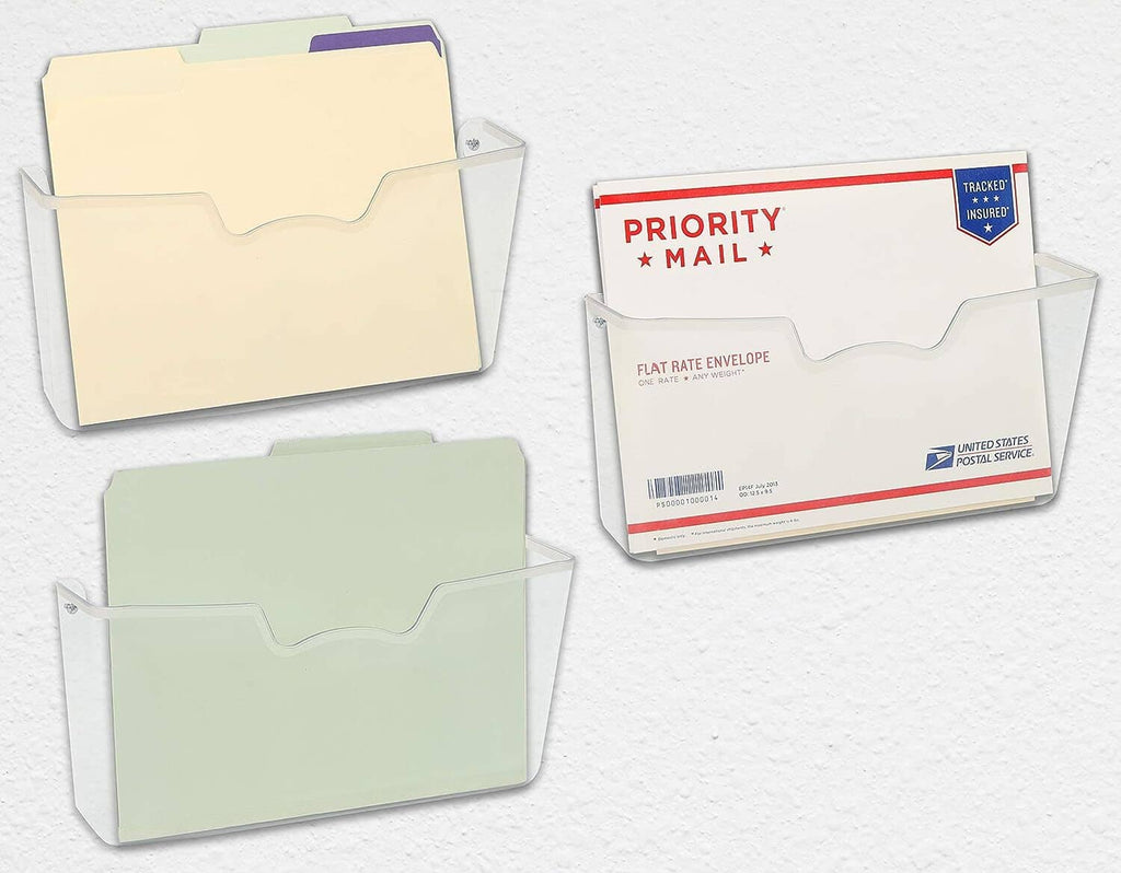 Set of 3 clear wall-mount document holders with beige and green mail inserts