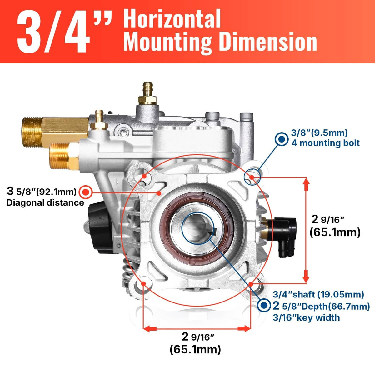 Silver horizontal pressure washer pump with 3/4 in shaft, mounting bolt pattern diagram