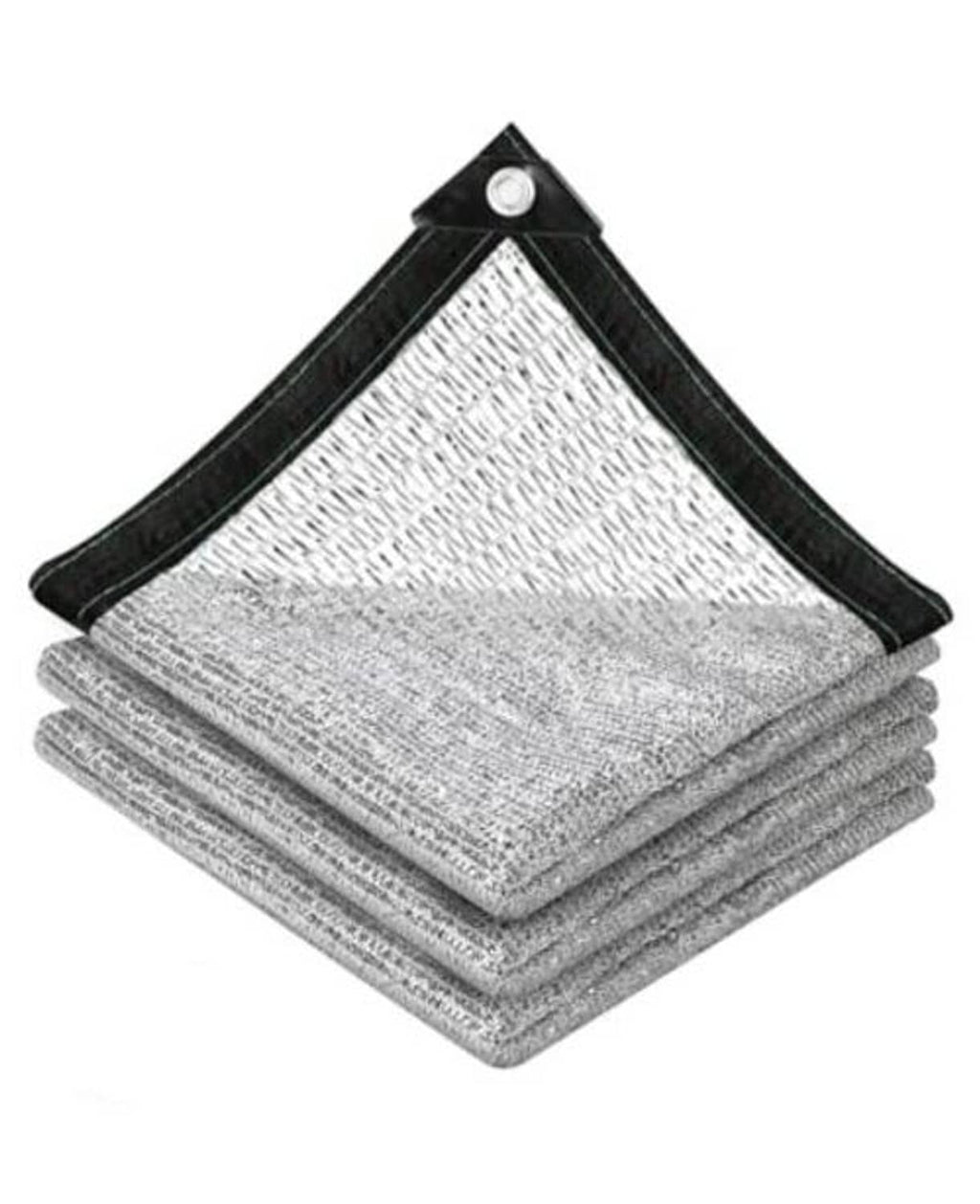 Reflective aluminet shade cloth stack, gray mesh with black border and metal grommets