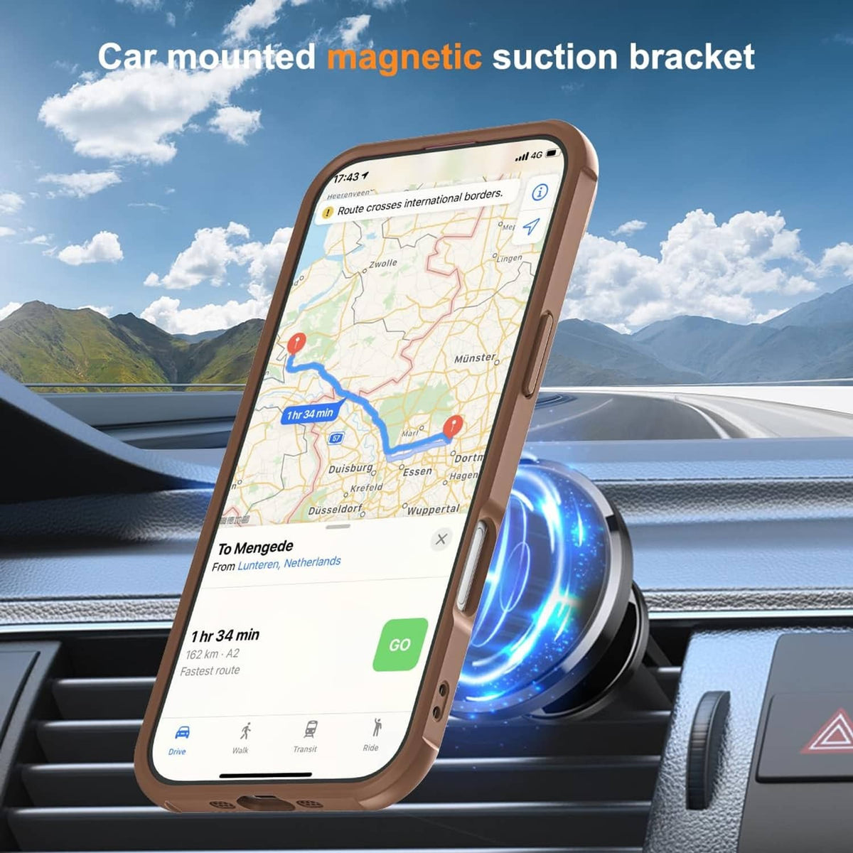 Desert brown phone case mounted on a car stand, with ring holder visible
