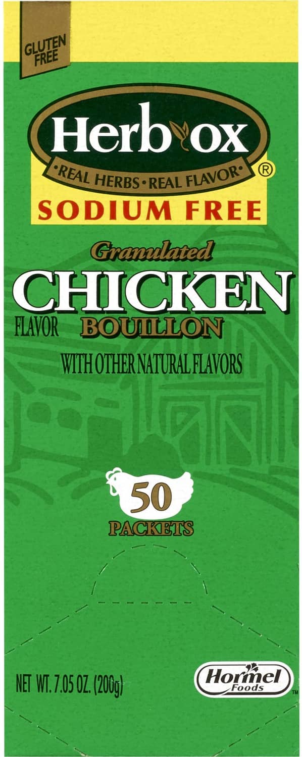 Sodium-free granulated chicken bouillon, gluten-free, 50 packets front of box