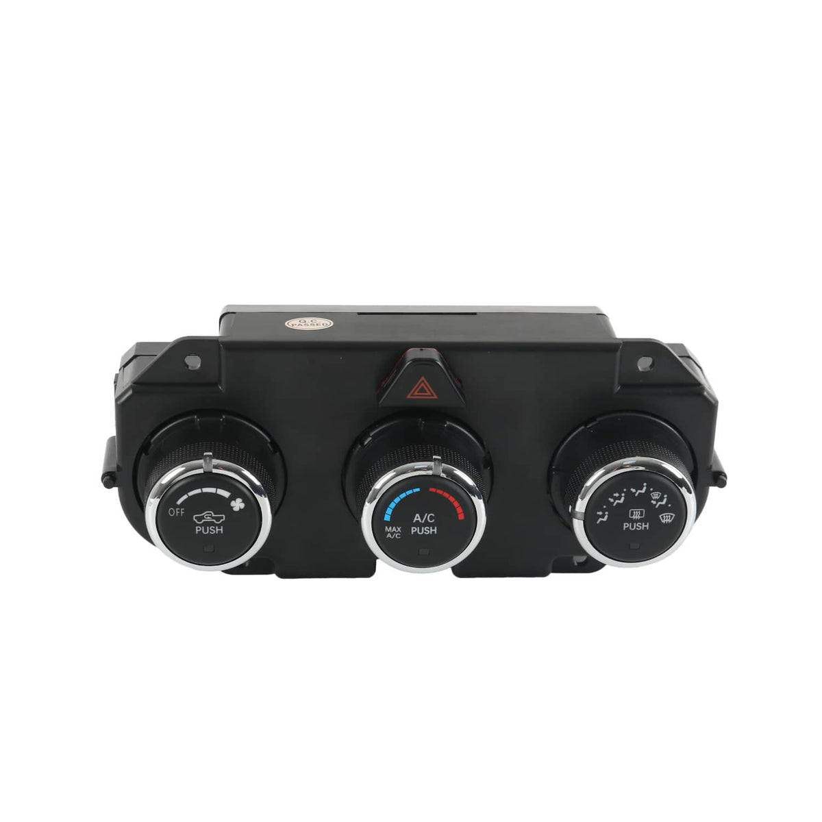 AC climate control panel front view with A/C dial and two temperature mode dials.
