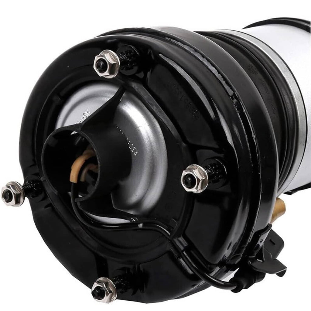 Air suspension strut top assembly with black housing, silver spring seat, and mounting bolts