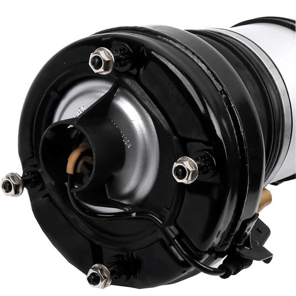 Air suspension strut top assembly with black housing, silver spring seat, and mounting bolts