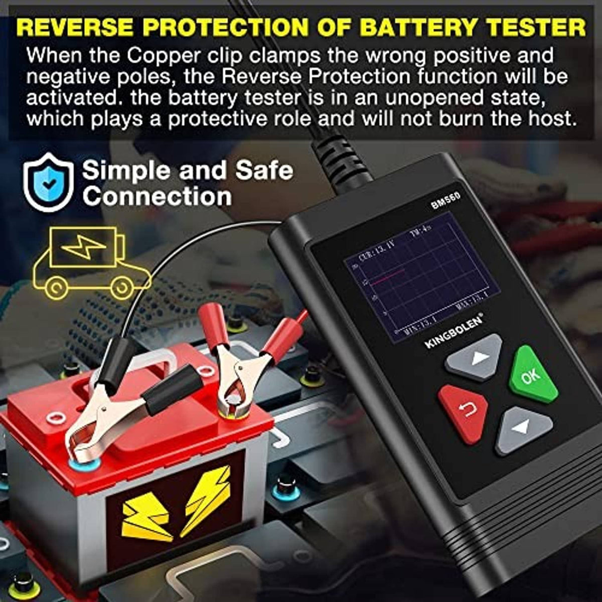 Car battery tester with screen graph and red battery clamps attached to terminals