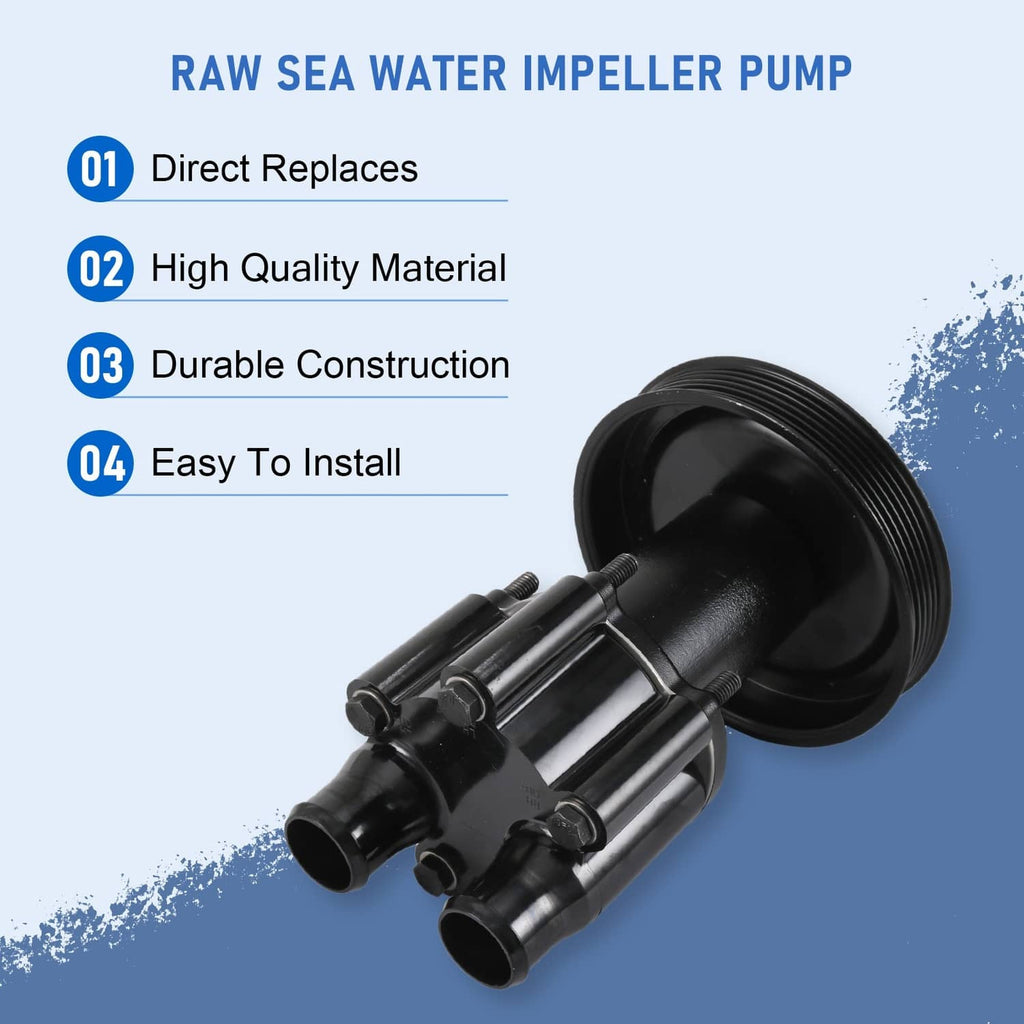 Raw sea water impeller pump, black plastic housing with mounted pulley