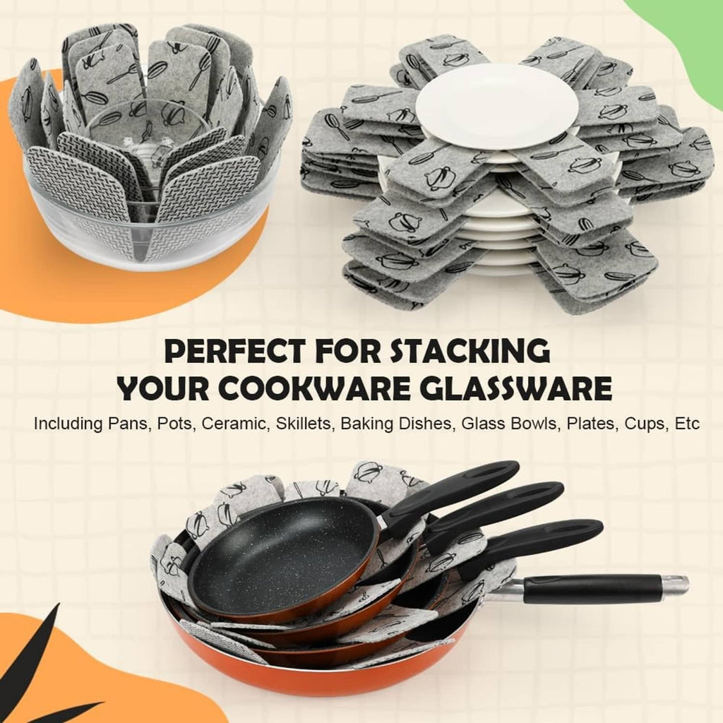 Gray utensil-pattern pot and pan protectors, folded pads for stacking cookware