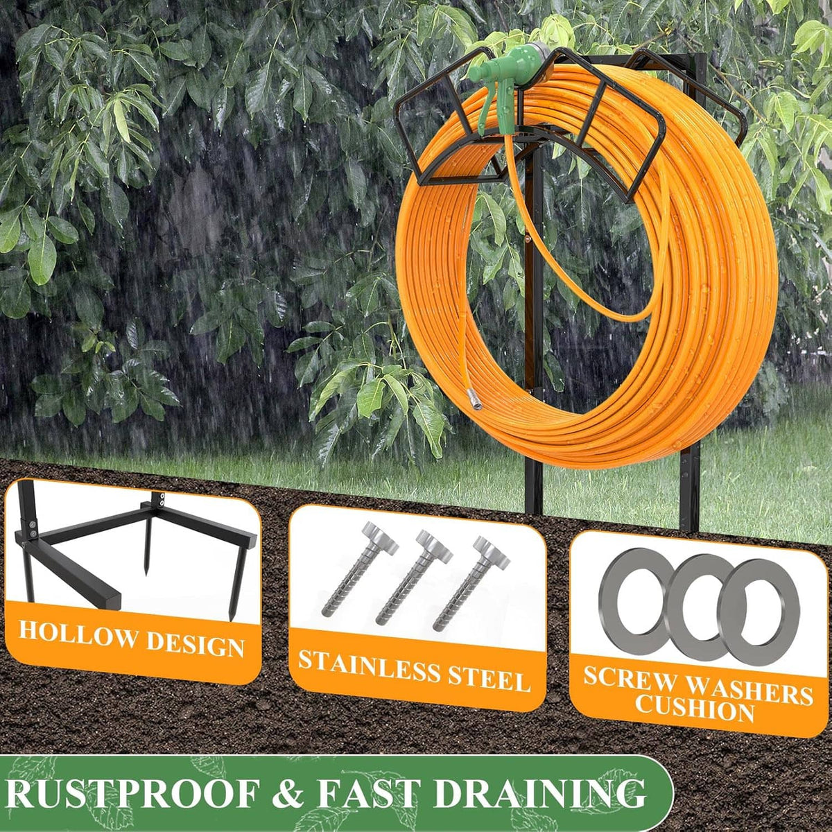 Freestanding garden hose holder stand with coiled orange hose and green nozzle