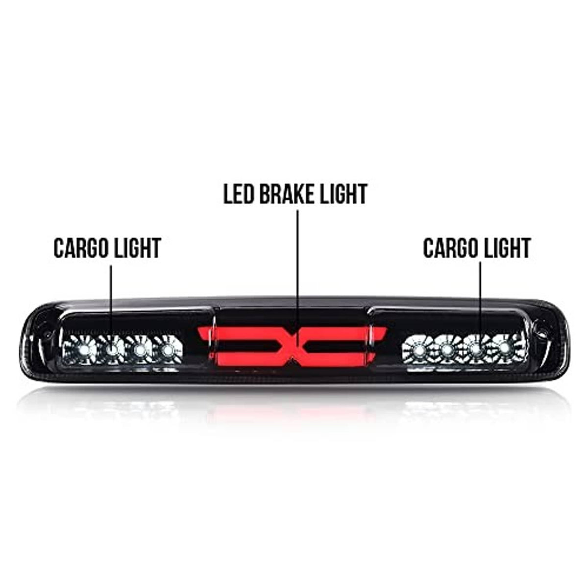 LED third brake light bar with smoke lens, red X center and side LED sections