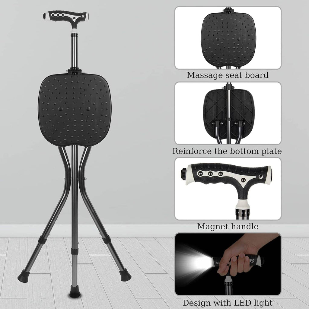 Black folding walking cane with massage-style seat board and reinforced base