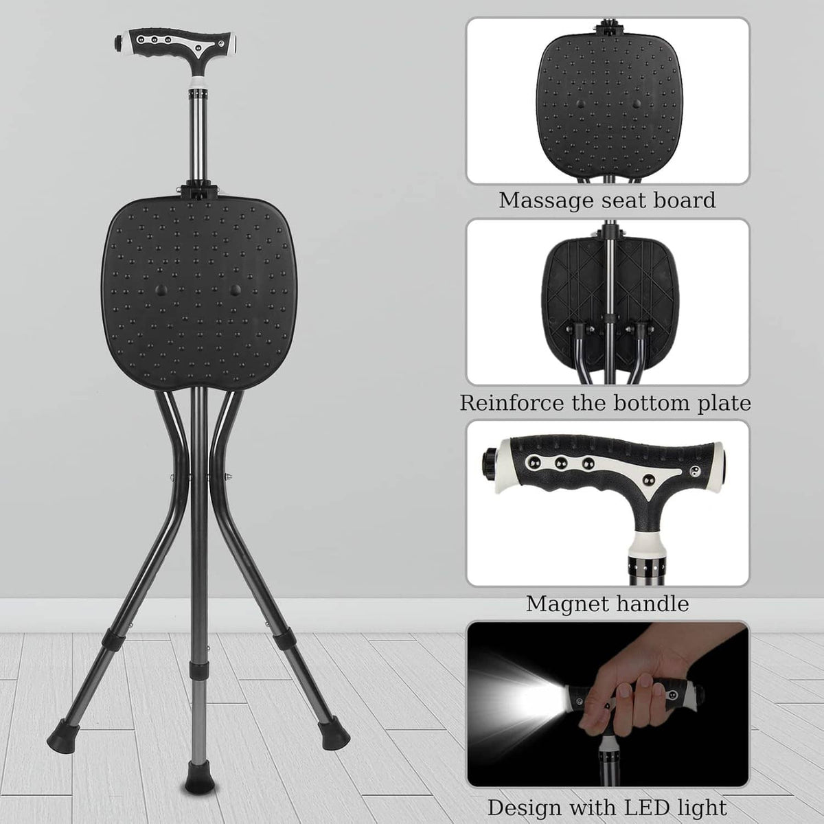 Black folding walking cane with massage-style seat board and reinforced base