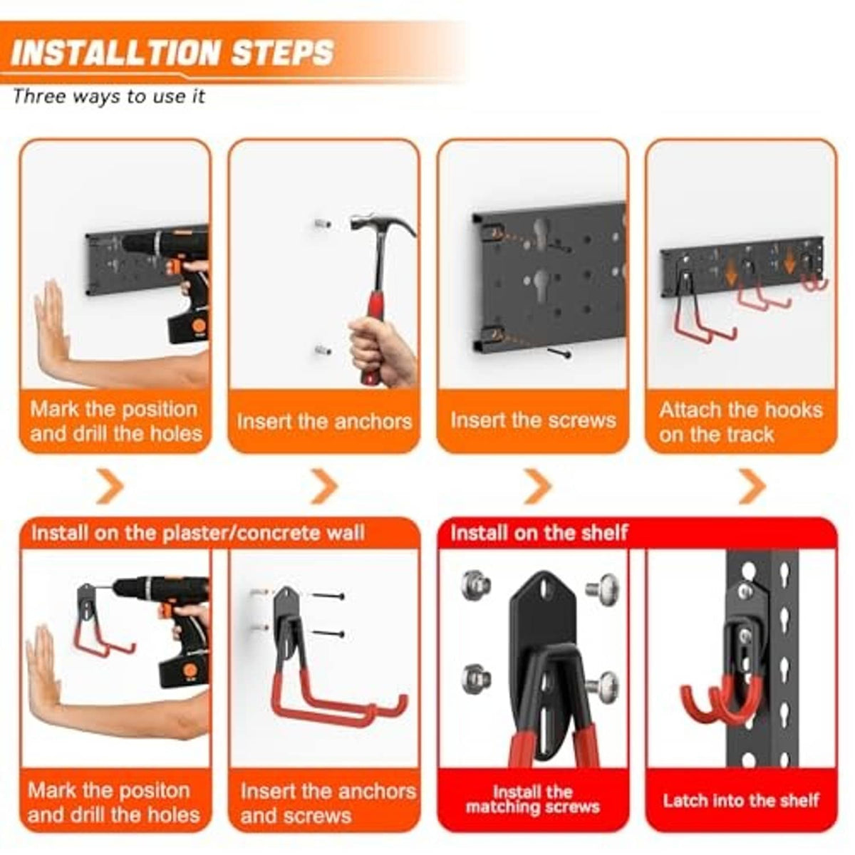 Garage hook track installation steps: black mounting track with red-orange hooks