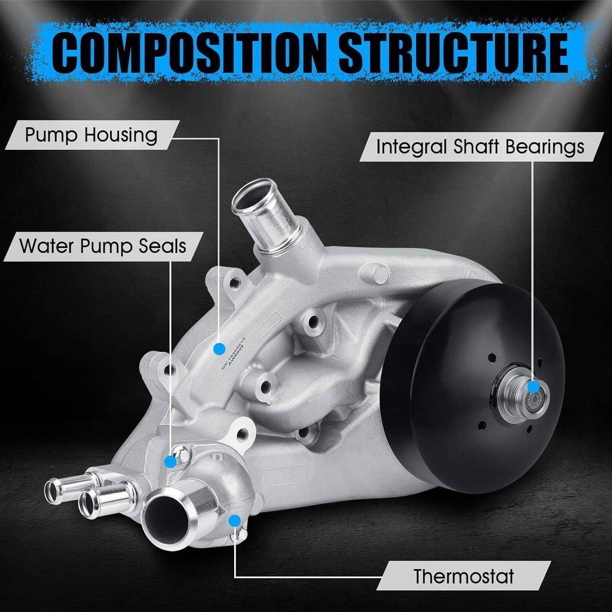 Water pump with thermostat, silver pump housing with black front cover and visible components
