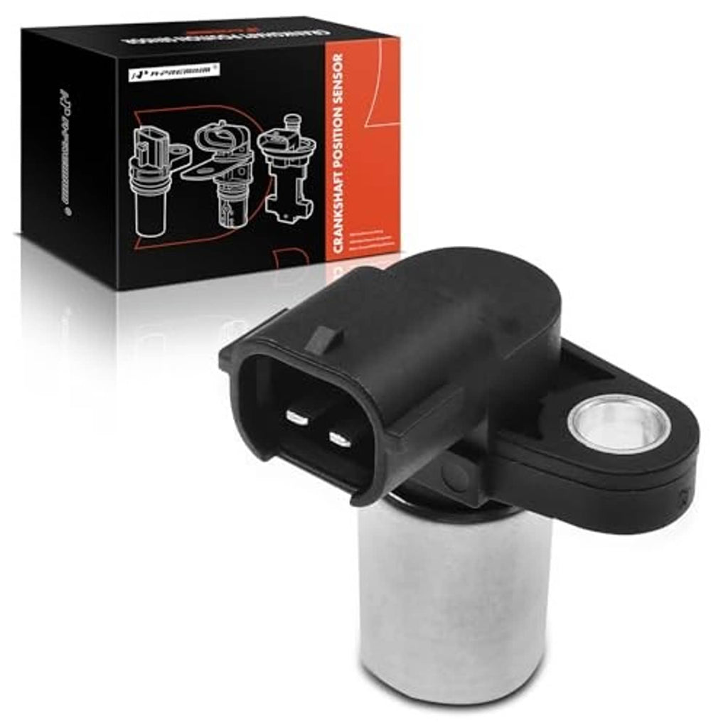 Crankshaft position sensor with black connector housing and silver cylindrical metal body