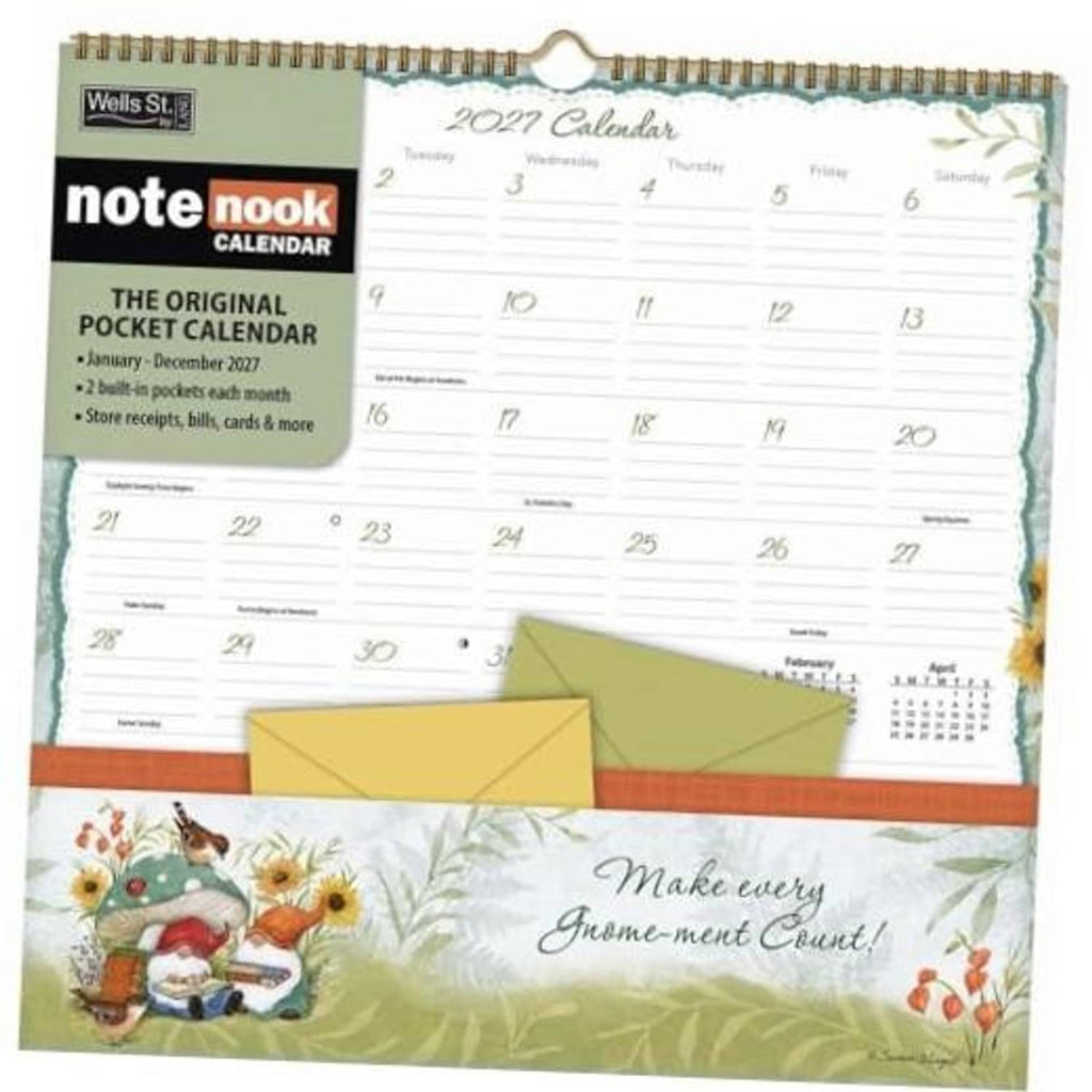 Gnome-themed 2027 pocket calendar with lined writing and two pocket envelopes