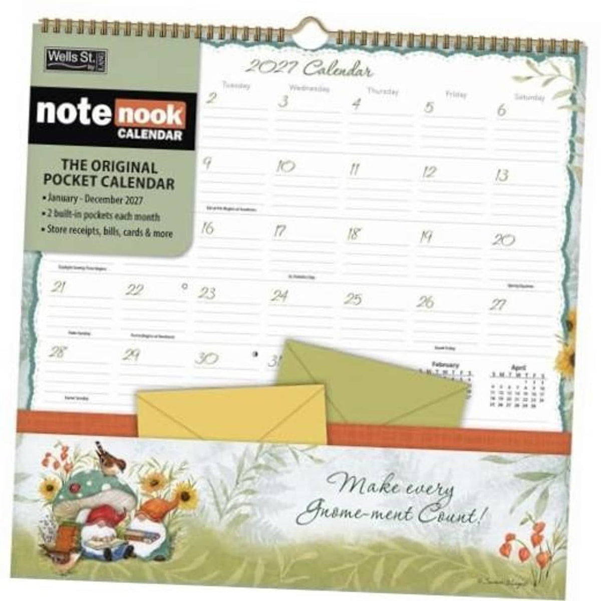 Gnome-themed 2027 pocket calendar with lined writing and two pocket envelopes