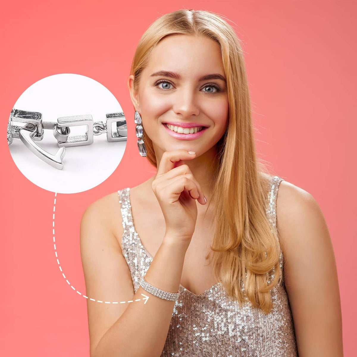 Silver fold-over clasp extender links on wrist bracelet, shown in inset