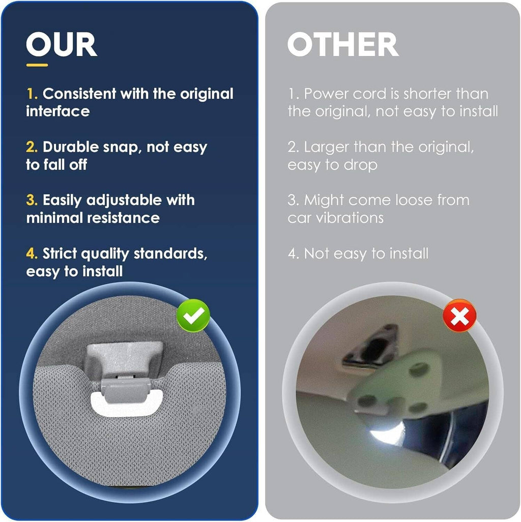 Gray car sun visor with mirror window and clip mount, shown in comparison layout